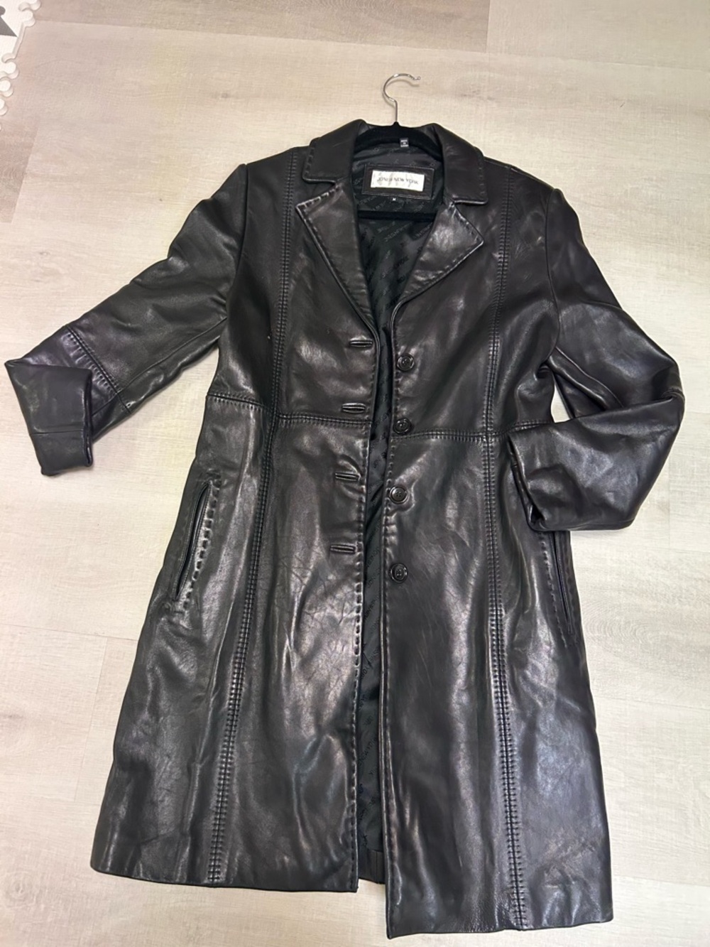 Jones New York Black Leather Button-Front Coat with Stitch Detailing